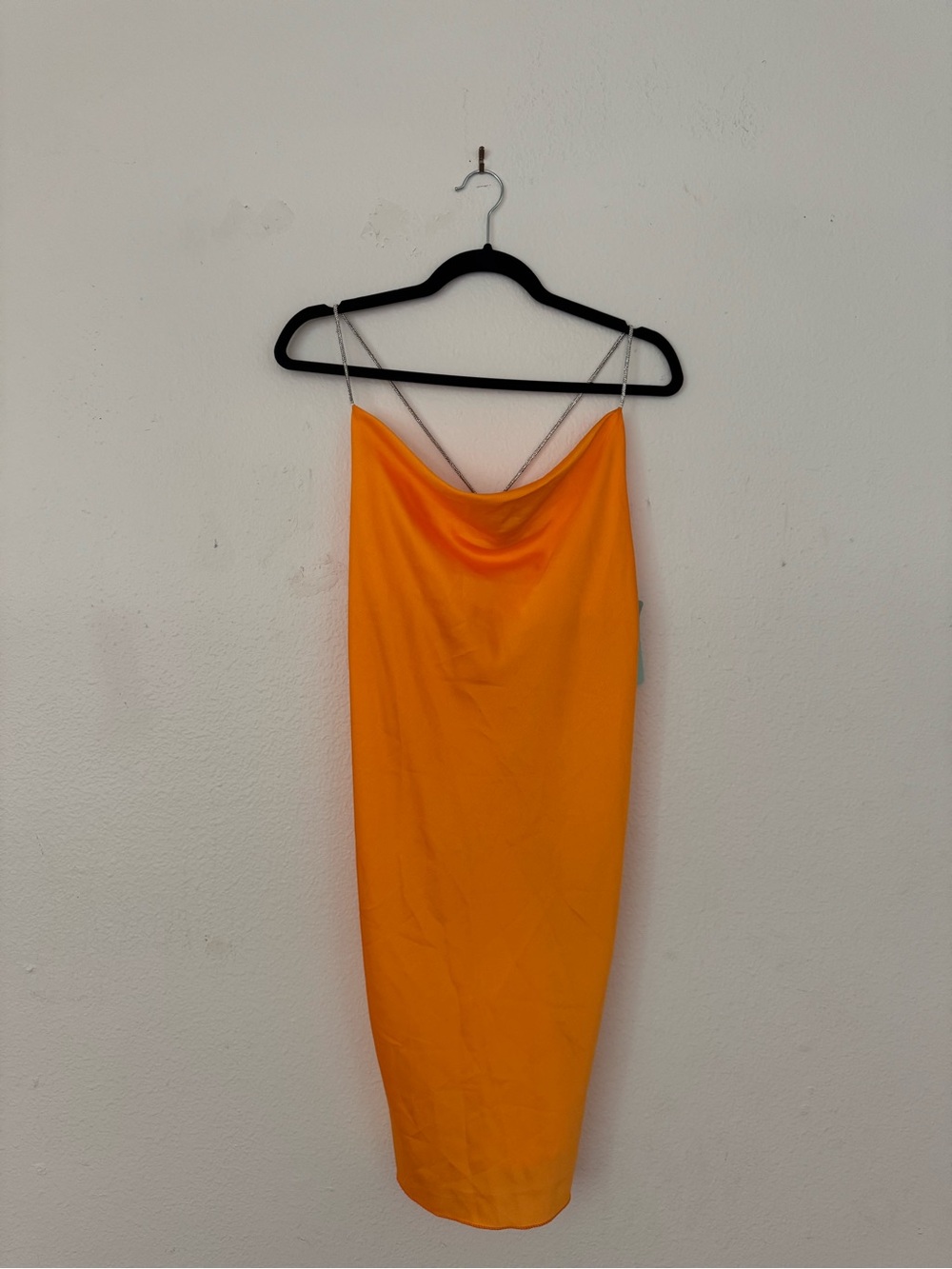 Satin Cowl Neck Slip Dress with Rhinestone Straps in Bright Orange NWT